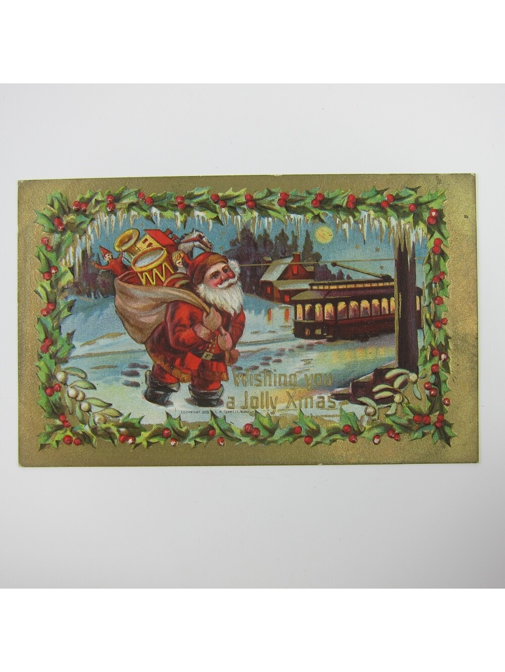 Vintage Christmas Postcard Santa Train Trolley Streetcar Gold Embossed Antique